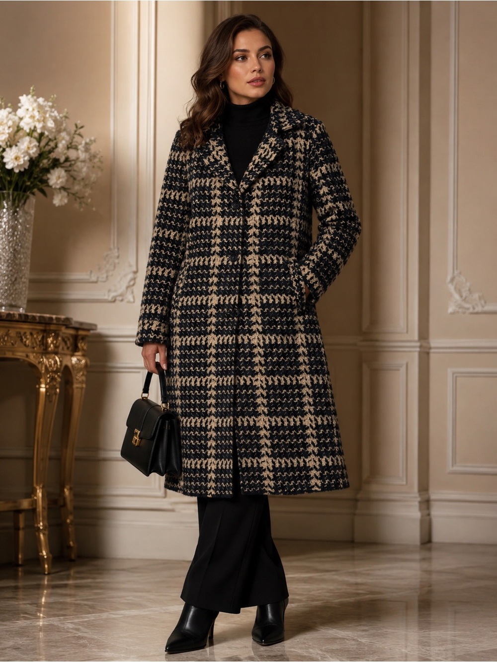 MAGASCHONI NWT! Plaid Soft Fuzzy Viscose Blend Coat Jacket In Black & Tan